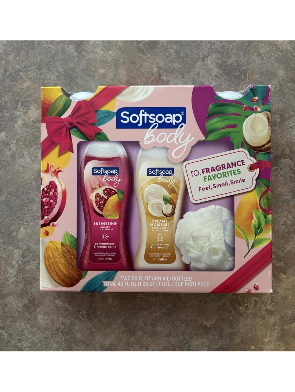 Softsoap Body Favorites Set Pomegranate Mango Shea Almond Oil Body Wash Pouf